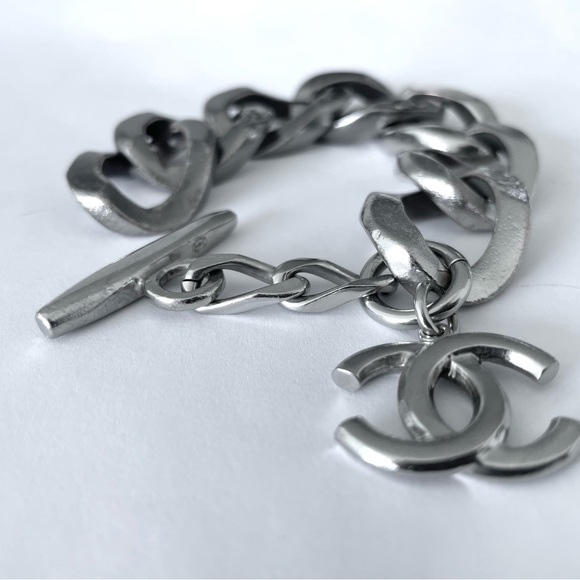 Authentic CHANEL Chain Link CC Bracelet Two-Tone Silver color Brushed - Picture 4 of 10